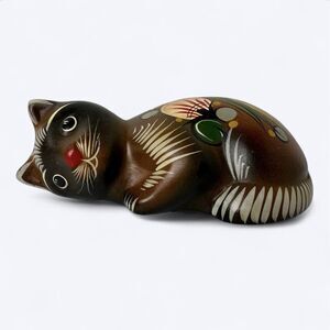 Mexican Pottery Brown Cat Laying Down Figurine Hand Painted Bird Leaves Ceramic